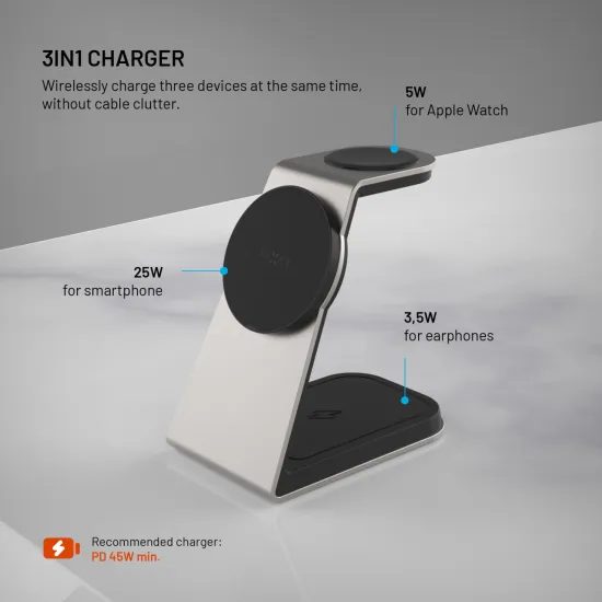 3 az 1-ben vezeték nélküli töltőállvány FIXED MagPowerstation Alu 3 MagSafe-fel, 25W + 5W + 3,5W, Qi2.2, űrszürke