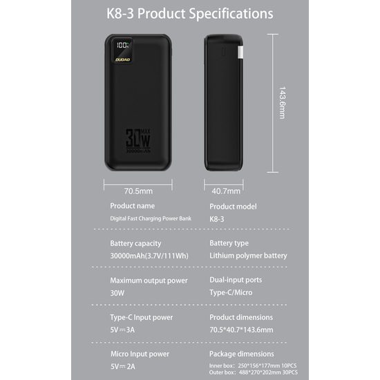 Dudao K8-3 powerbanka 30000mAh 30W – melna
