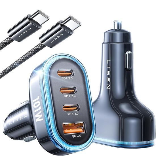 Lisen Nabíječka do auta s USB-C kabelem, USB, 3× USB-C, 101 W, 12 V–24 V, černá