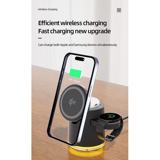 4σε1 Έξυπνος Ασύρματος Φορτιστής με LED Φωτισμό, Qi, Μαύρο