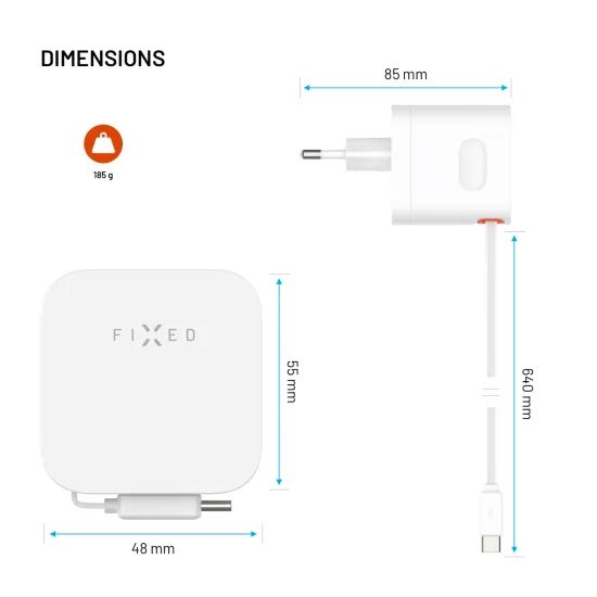 FIXED GaN hálózati töltő, 2x USB-C, PD 3.0, 65W önbehúzódó kábellel, fehér
