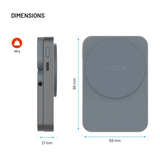 FIXED MagZen 5 Stand powerbank MagSafe támogatással, Apple Watch töltéssel és állvánnyal, 5 000 mAh, szürke