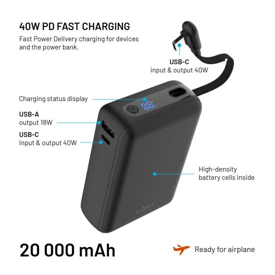 FIXED Zen 20 Loop powerbank LCD kijelzővel, 20 000 mAh, 40W, fekete