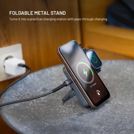 FIXED MagZen 5 Stand powerbank MagSafe támogatással, Apple Watch töltéssel és állvánnyal, 5 000 mAh, szürke