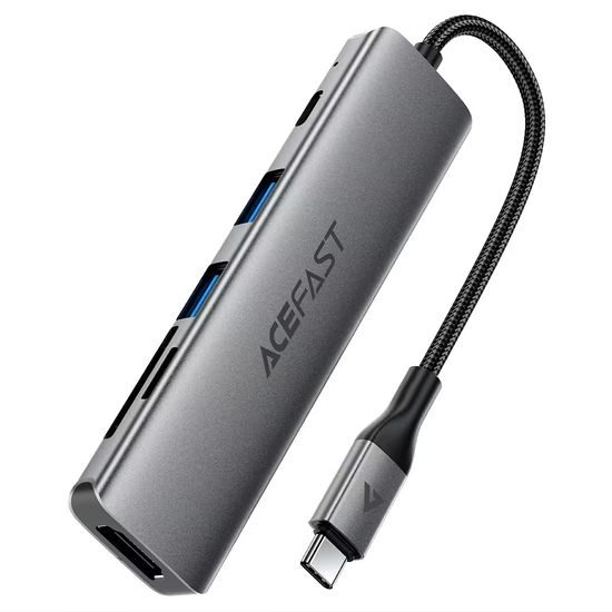Acefast 6-in-1 Adapter (J18) - USB-C naar 2x USB 3.0, USB-C PD 90W, HDMI 4K, SD/TF Kaartlezer - Plug & Play - Grijs