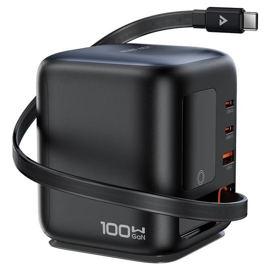 Acefast Desktop Ladestation Z10 für Laptop, Tablet, Smartphone - 3× USB-C, USB-A, GaN PD 100W, ausziehbares USB-C Kabel - Schwarz