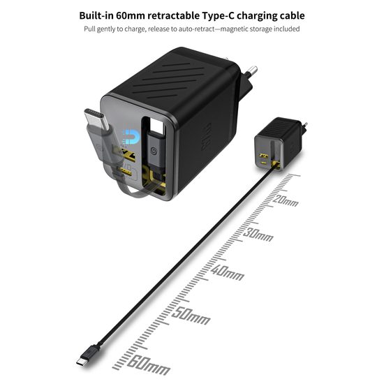Dudao A67EU lādētājs ar iebūvētu izvelkamu USB-C kabeli GaN 67W PD – melns
