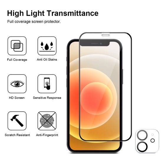 JP Πλήρες Πακέτο Προστατευτικών Γυαλιών, 2x 3D γυαλί με εφαρμογέα + 2x γυαλί για φακό, iPhone 12 Mini