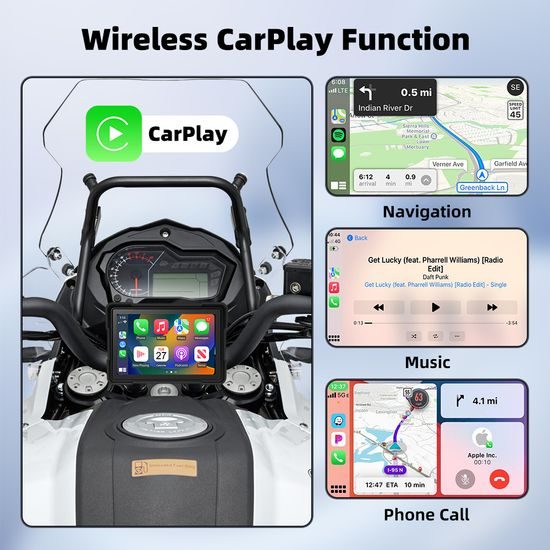 5" Motorfiets Display met Draadloze Apple CarPlay, Android Auto + DVR Camera's