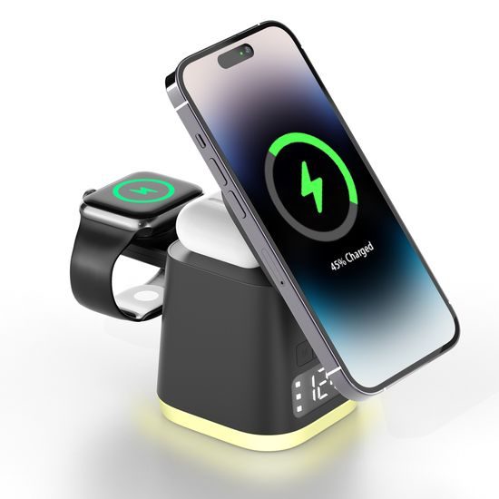 MagDock 6 Pro 6σε1 ασύρματος σταθμός φόρτισης με ρολόι και φωτισμό νυκτός για iOS και Android, μαύρο