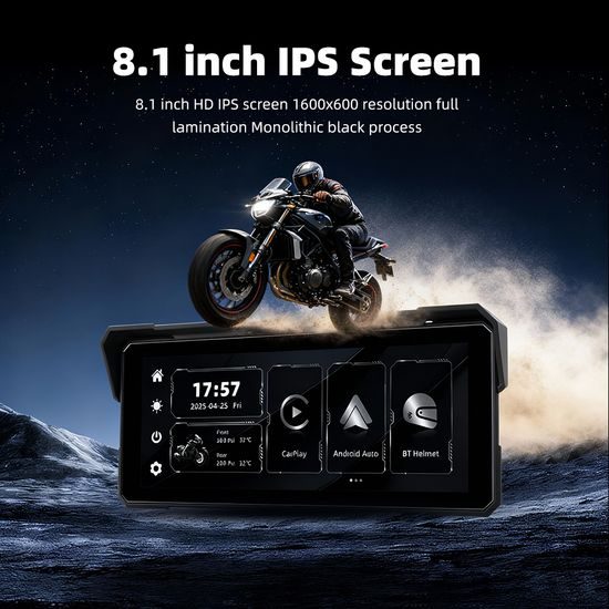 Motocyklowy wyświetlacz IPS 8,1" z bezprzewodowym Apple CarPlay i Android Auto