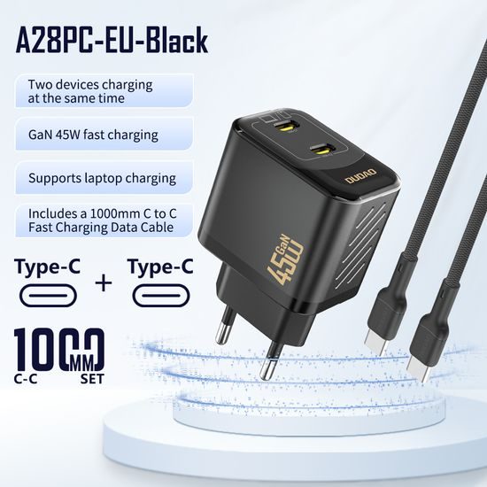 Dudao A28PCEU polnilnik 2x USB-C + kabel USB-C - USB-C, PD 45W GaN, črna