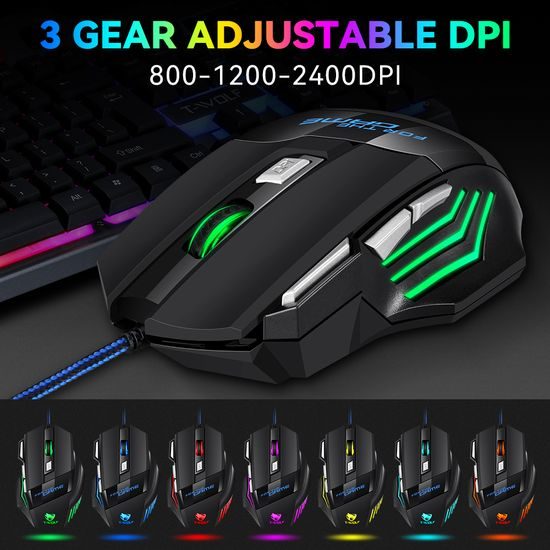 Mouse Gaming RGB T-WOLF M1, 2400 DPI, 7 pulsanti, ergonomico, retroilluminato, USB
