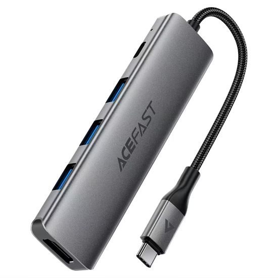 Acefast 5-in-1 Adapter (J16) - USB-C naar 3x USB 3.0, USB-C PD 90W, HDMI 4K@60Hz - Plug & Play - Grijs