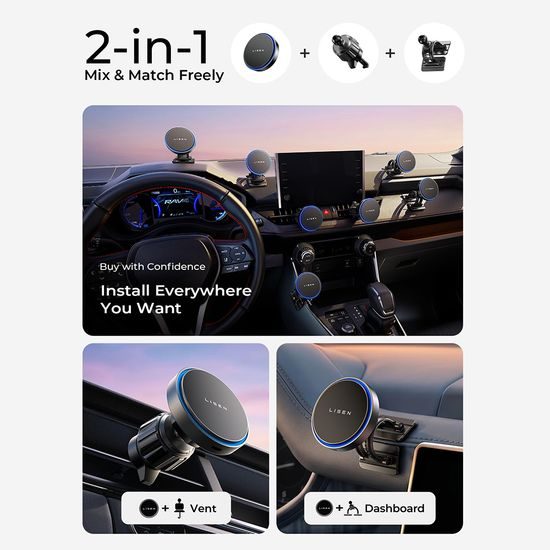 Lisen Magnetische KFZ-Halterung mit kabellosem Laden für Smartphone - 15W Wireless Charging - Schwarz