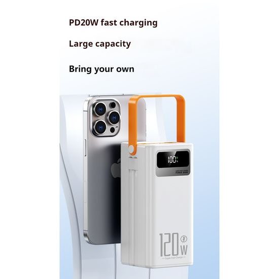Powerbank 80.000 mAh, 120W PD + QC, 4 USB + 2 Kabel, LED-Licht, weiß