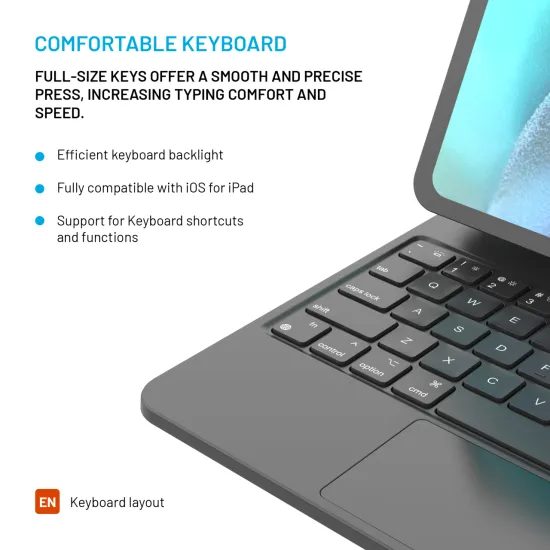 Tok vezeték nélküli billentyűzettel FIXED Typee tablethez, Apple iPad Pro 11 2018 / 2020 / 2021 / 2022, iPad Air 4 10.9 2020 / Air 5 10.9 2022 / Air 6 11 2024 / Air 7 11 2025 / Air 8 11 2026, EN, fekete