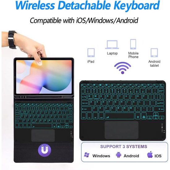 JP Μαγνητική θήκη με Bluetooth πληκτρολόγιο, touchpad, φωτισμό και βάση για stylus, Samsung Galaxy Tab S6 Lite, μαύρη