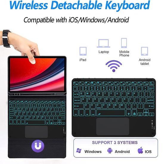 JP Μαγνητική Θήκη με Πληκτρολόγιο Bluetooth, Touchpad, Φωτισμό και Βάση για Stylus, Samsung Galaxy Tab S10 FE+, Μαύρη