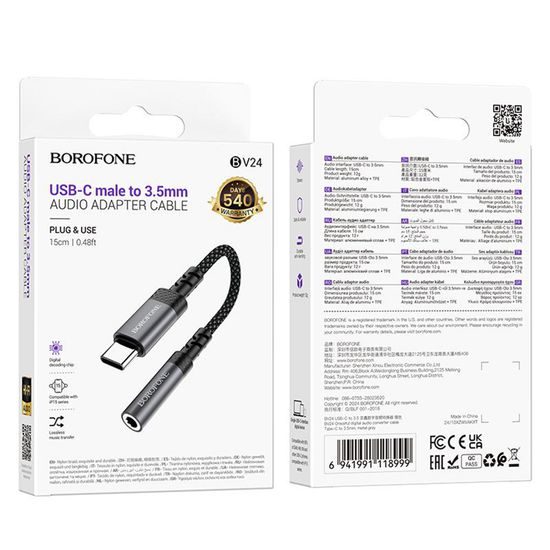 Borofone Audio Adapter (BV24) USB-C auf 3,5mm Klinke für moderne Smartphones - DAC Chip - 15 cm - Grau