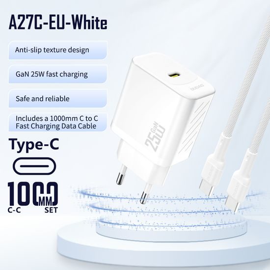 Dudao A27CEU polnilnik USB-C + kabel USB-C - USB-C, PD 25W GaN, bela
