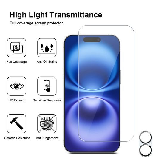 JP Mega Pack Szkło hartowane, 3 szkła na telefon z aplikatorem + 2 szkła na obiektyw, iPhone 16 Plus
