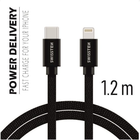 Cablu de date textil Swissten, USB-C / Lightning, 1,2 m, negru