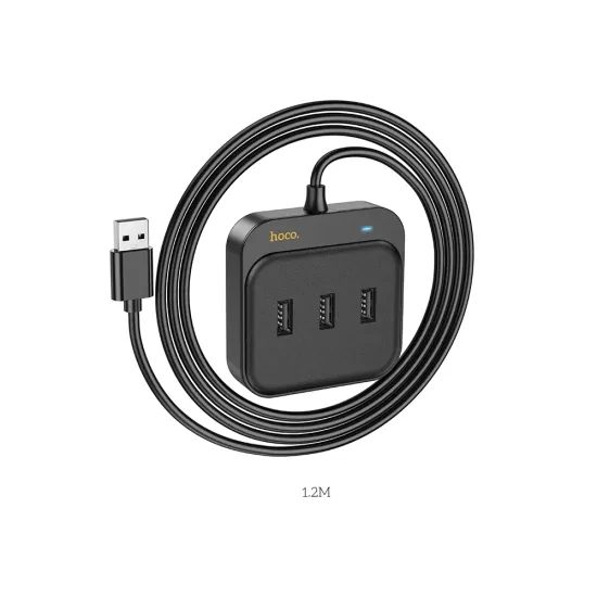 Hoco adaptér HUB 4v1 USB na 3x USB2.0 + RJ45, 100 Mbps Ethernet, 1,2 m, čierny (HB35)