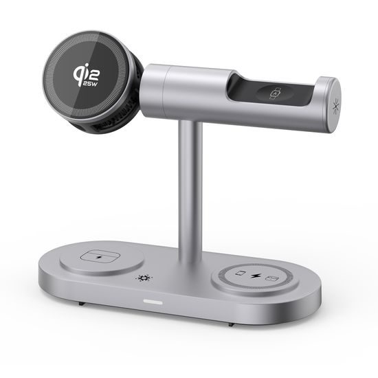 Qi2.2 MagSafe Nabíjecí stanice 5v1 s aktivním chlazením, 25 W a 360° rotací pro iPhone, Apple Watch, AirPods, Android, stříbrná