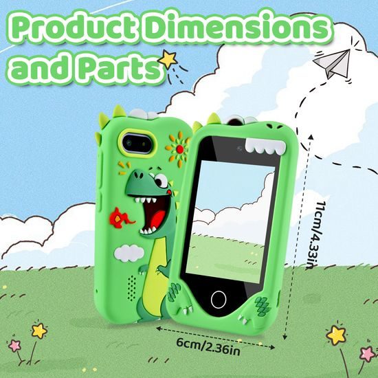 Έξυπνο τηλέφωνο για παιδιά με παιχνίδια, MP3, διπλή κάμερα και οθόνη αφής, πράσινος δεινόσαυρος