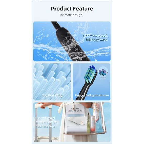 Sonický elektrický zubný kartáčik so sadou 4 hlavíc a cestovným puzdrom, 5 režimov, 30 000 vibrácií/min, ružový