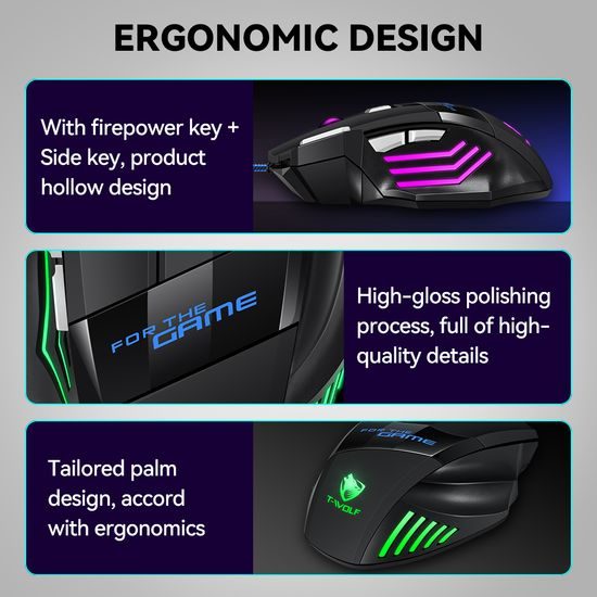 Mouse Gaming RGB T-WOLF M1, 2400 DPI, 7 pulsanti, ergonomico, retroilluminato, USB