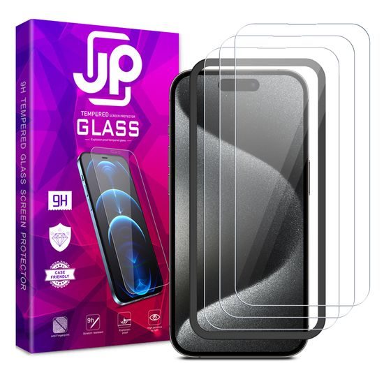 JP Long Pack Kaljeno steklo, 3 stekla za telefon z aplikatorjem, iPhone 15 Pro