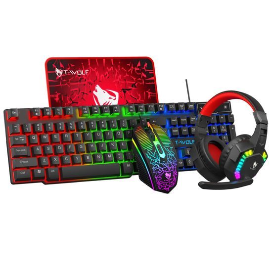 T-WOLF TF810 RGB Gaming Set 4in1 - Gaming Tastatur + Maus + Headset + Mauspad - Komplettes Gaming Setup