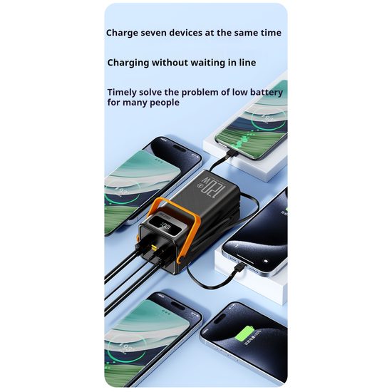 Powerbank 80.000 mAh, 120W PD + QC, 4 USB + 2 Kabel, LED-Licht, weiß