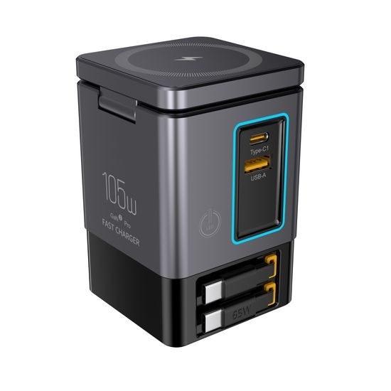 Σταθμός Φόρτισης PowerCombo Tower 6σε1 GaN3 Pro με Ασύρματη Φόρτιση, 105W, Γκρι