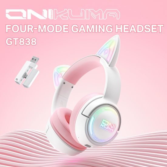 Onikuma GT838 Kabellose Gaming Kopfhörer mit RGB LED Beleuchtung und Katzenohren - Rosa