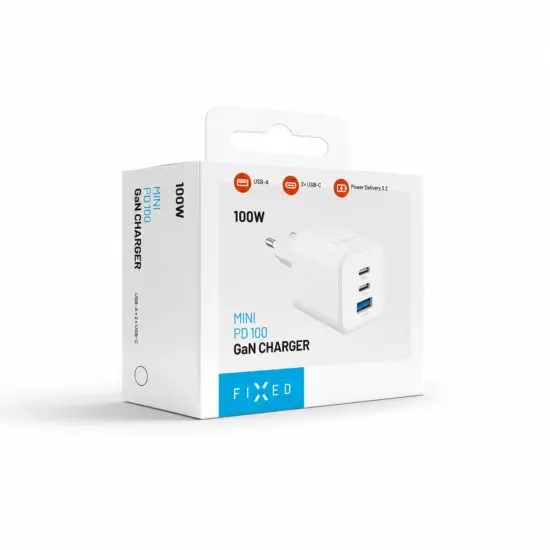 FIXED Mini GaN hálózati töltő, 2x USB-C + USB, PD 100W, fehér