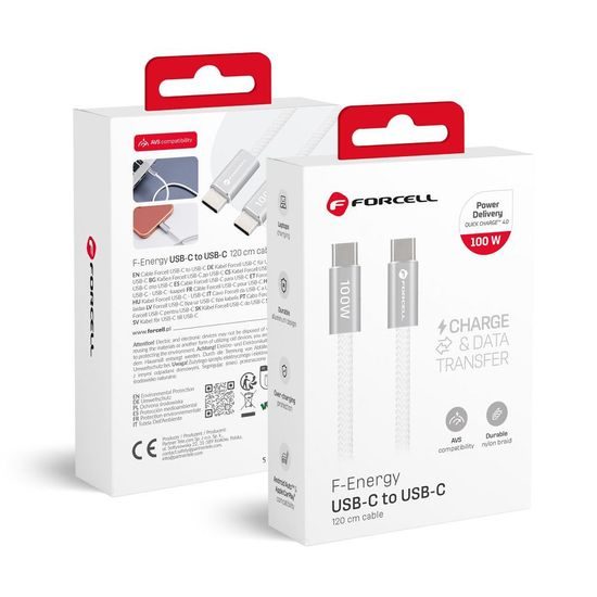 Cablu Forcell F-Energy USB-C - USB-C, QC4.0, PD, 3A, 60W, 1,2 m, alb