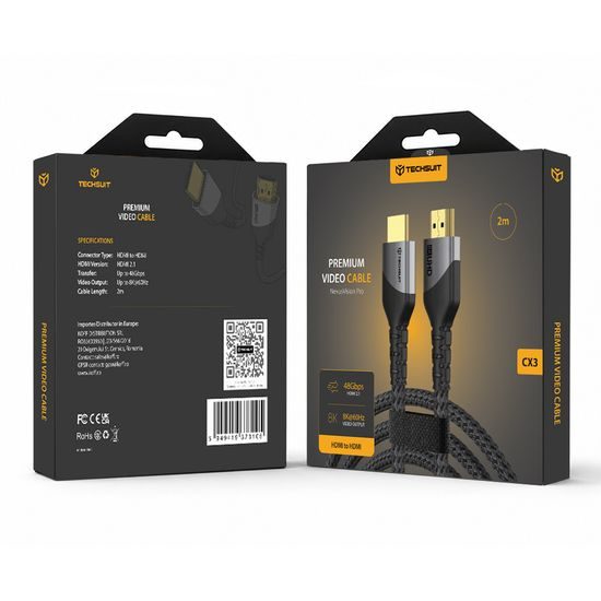 Techsuit Prémiový videokabel NexusVision Pro (CX3) HDMI - HDMI 2.1, 2 m, šedý