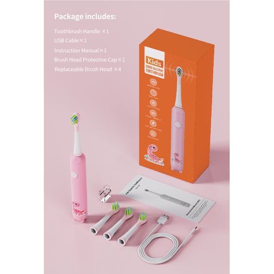 Детска звукова електрическа четка за зъби (30 000 VPM), розова