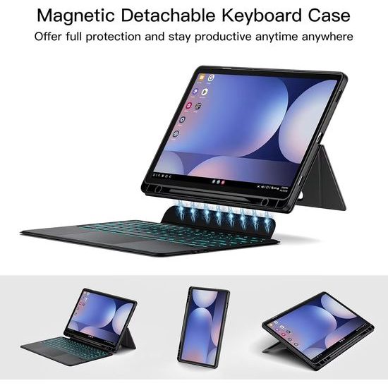 JP Μαγνητική θήκη με αποσπώμενο πληκτρολόγιο Bluetooth, touchpad, φωτισμό, περιστρεφόμενη βάση και θήκη για stylus, Samsung Galaxy Tab S8 Ultra / S9 Ultra / S10 Ultra, μαύρη