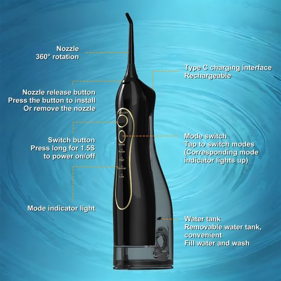 Bezprzewodowy irygator dentystyczny z zestawem końcówek, 4 tryby, zbiornik 300 ml, USB-C, czarny