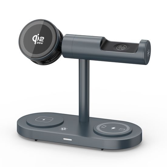 Qi2.2 MagSafe Σταθμός Φόρτισης 5σε1 με ενεργό ψύξη, 25 W και περιστροφή 360° για iPhone, Apple Watch, AirPods, Android, γκρι