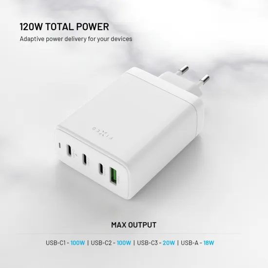 FIXED GaN hálózati töltő, 3x USB-C + USB, PD 3.0, 120W, fehér