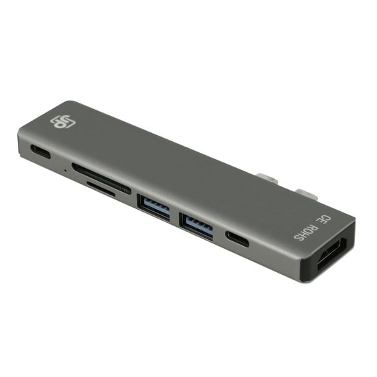 JP Hub 7v2, 2x USB-C na 2x USB 3.0 / HDMI / 2x USB-C PD / TF/Micro SD, szary