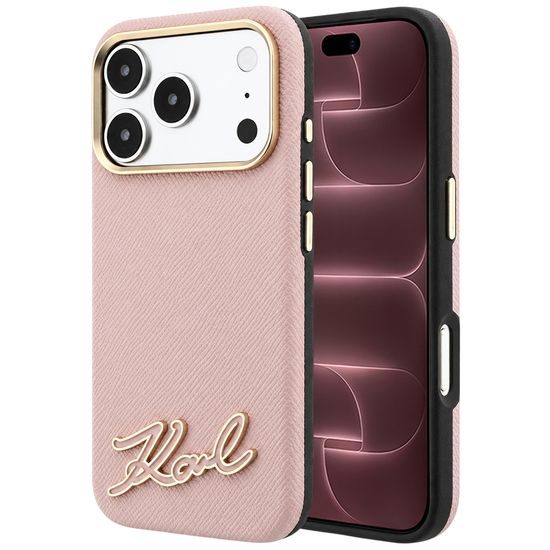 Karl Lagerfeld Grained Leather Resin Sign Logo MagSafe ümbris iPhone 17 Pro Max / 18 Pro Max – roosa