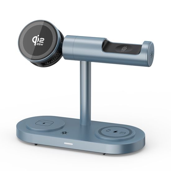 Qi2.2 MagSafe Nabíjecí stanice 5v1 s aktivním chlazením, 25 W a 360° rotací pro iPhone, Apple Watch, AirPods, Android, modrá
