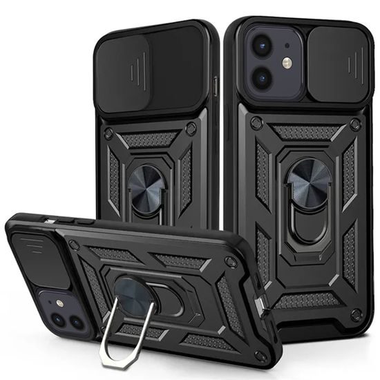 iPhone 12 / 12 Pro Hoesje - Techsuit CamShield - met Camera Cover & 360° Ring Standaard - Zwart