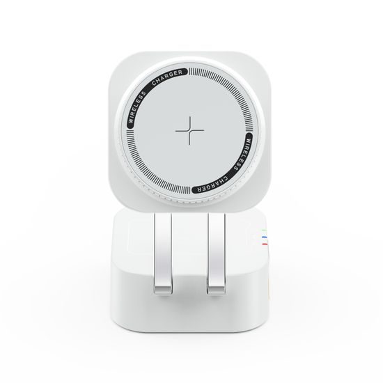 Caricatore wireless 4in1 per telefono, orologio, auricolari, con cavo USB-C retrattile, Qi, 25W, bianco